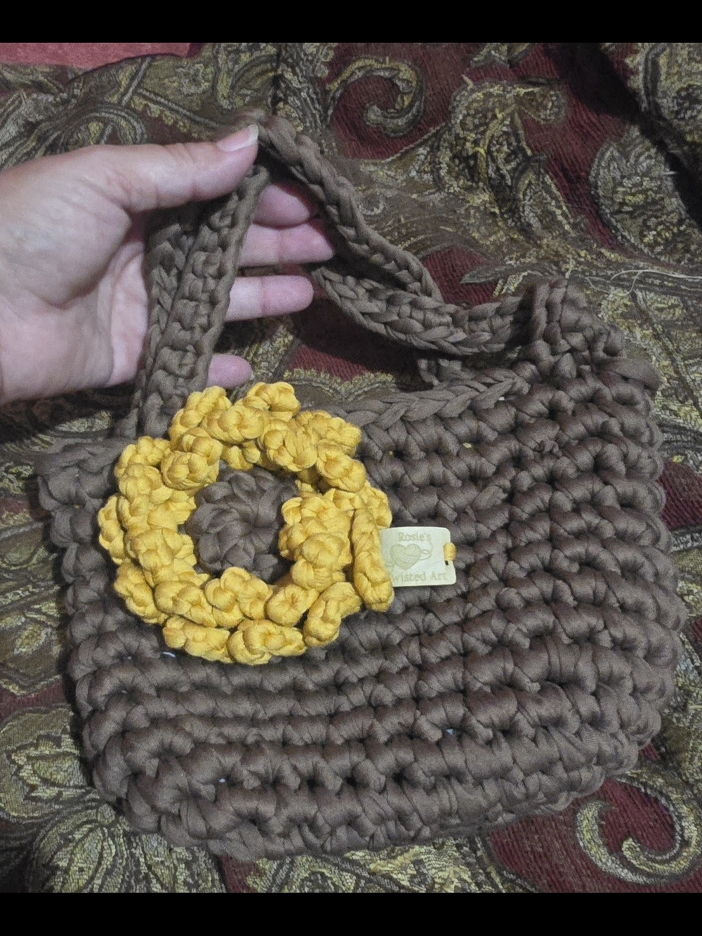 Handmade Crochet Brown Tote Bag with Yellow Flower Accent